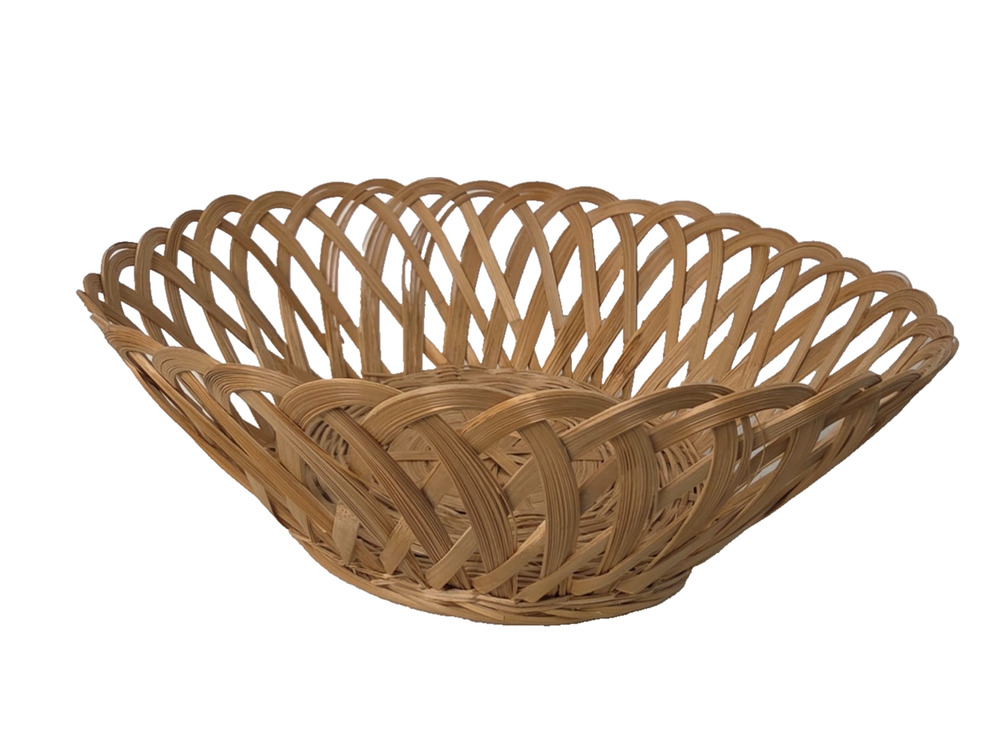 Vintage Bamboo Lace Ribbon Weave Fruit Bowl Basket Round Open Work Boho Decor